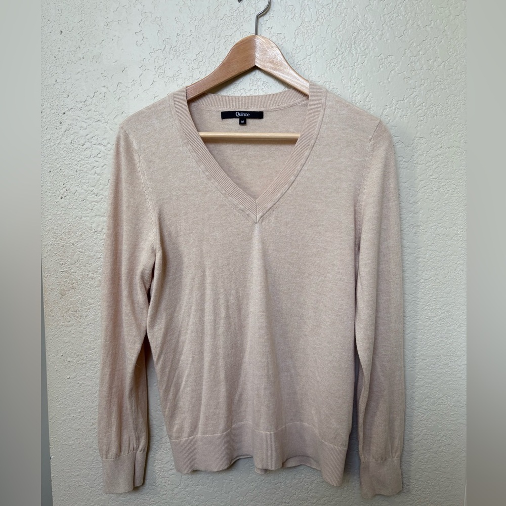 Quince Lightweight Cashmere V-Neck Sweater Heather Oatmeal Beige Sand Pullover - Picture 4 of 7